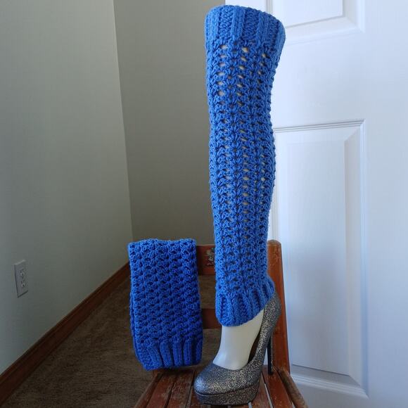 Hand Crafted Accessories - Denim Blue Leg Warmers OSFM crochet warm thick chunky over knee dance premade